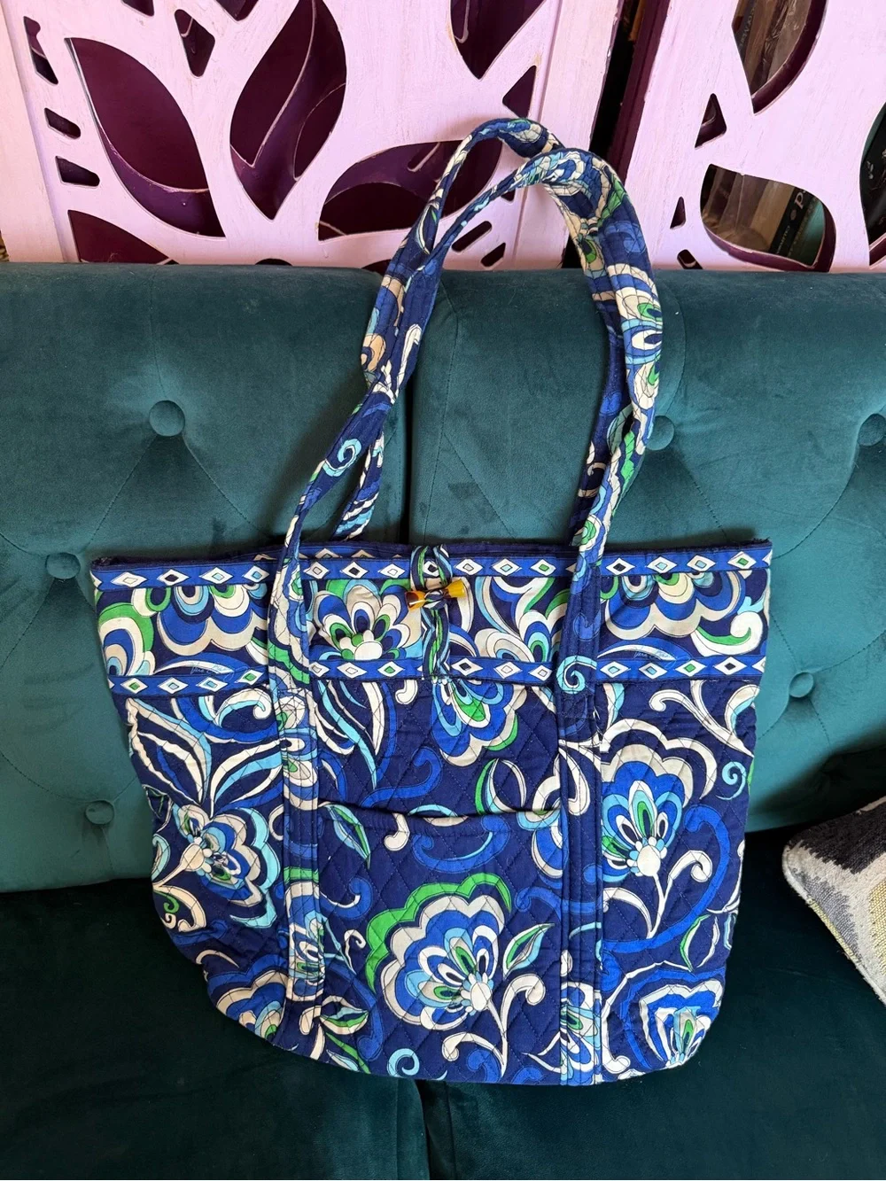 Vera Bradley Quilted Tote in Navy Blue, Green and White